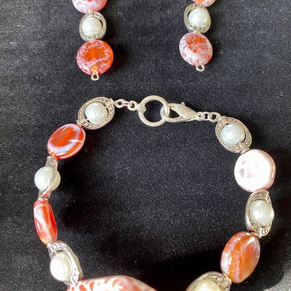 "Silver Diamond Orange Agate" Jewelry Set – Bracelet & Earring Pearl Bead - Picture 6 of 6